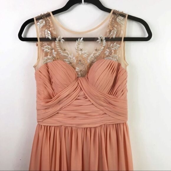 Franssical peach beaded gown with sheer panels & crew neck ruched dress 2 - Picture 6 of 11